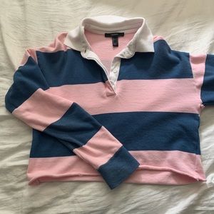 Forever 21 Pink & Blue Cropped Striped Polo Long Sleeve